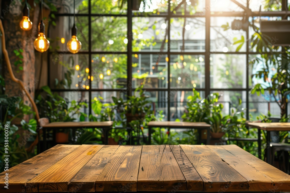 A beautiful wooden table in a sunlight-filled plant-filled cafe with large windows and warm pendant lights. A beautiful wooden table in a sunlight-filled plant-filled cafe with large windows and warm pendant lights.