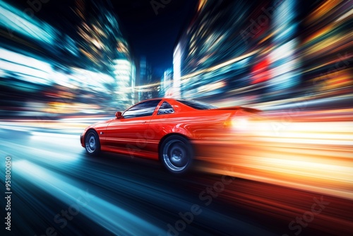 Red sports car speeding through a brightly lit city street at night, capturing motion blur and vibrant urban life.