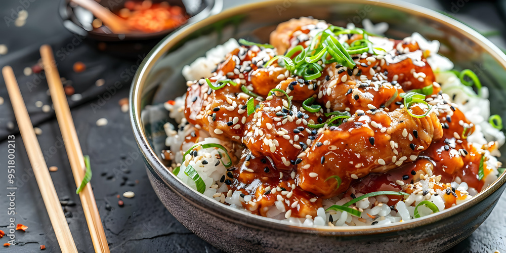 Delicious Teriyaki Chicken and Rice with Sesame Seeds and Green Onions - Food Photography Delicious Teriyaki Chicken and Rice with Sesame Seeds and Green Onions - Food Photography
