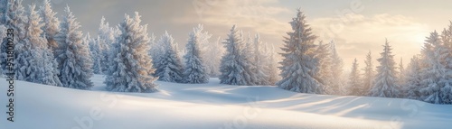 Snow-covered pine trees standing silently in a snow-covered landscape, with frosty branches and a clear winter sky, creating a serene winter scene, Serene, Cool Tones, Wide Angle