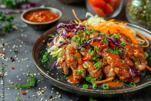 Delicious Spicy Grilled Chicken with Salad on Black Plate - Food Photography