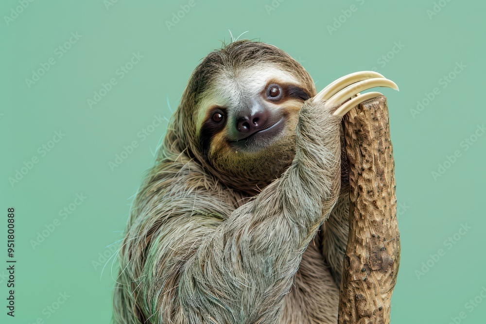 Fototapeta premium A cheerful sloth hanging on a branch, showcasing its charming expression against a vibrant green background.