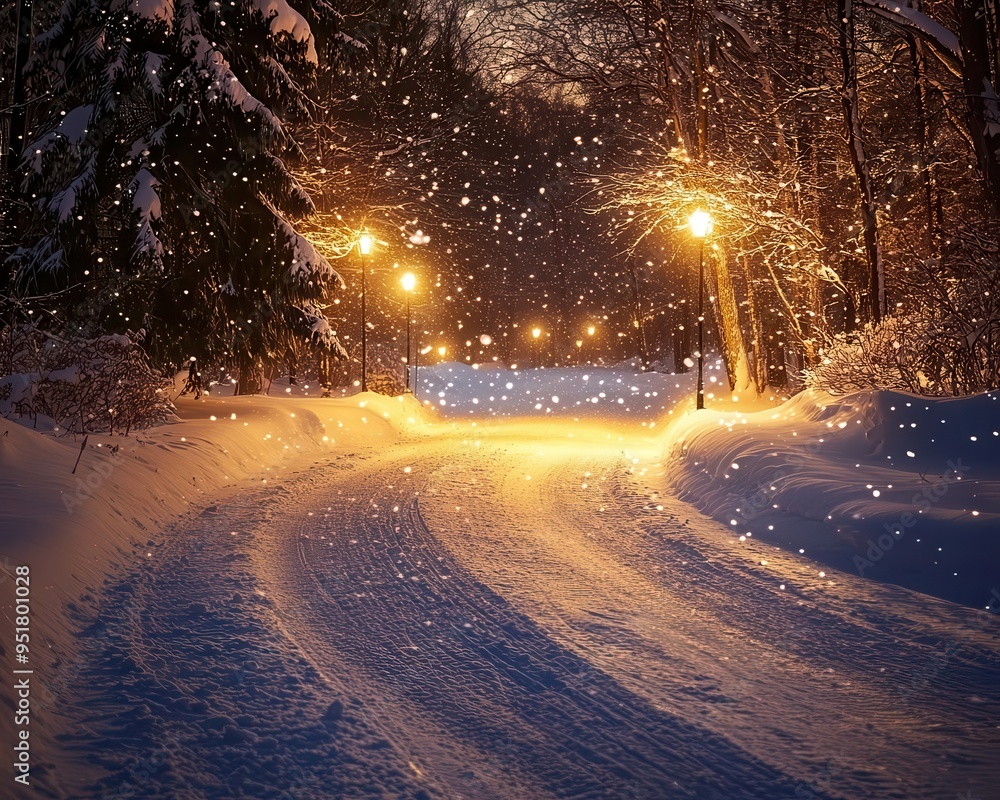 Snow-covered roads at night, with streetlights casting a warm glow on the snow-covered ground, creating a magical winter scene, Serene, Warm Glow, Wide Angle Snow-covered roads at night, with streetlights casting a warm glow on the snow-covered ground, creating a magical winter scene, Serene, Warm Glow, Wide Angle