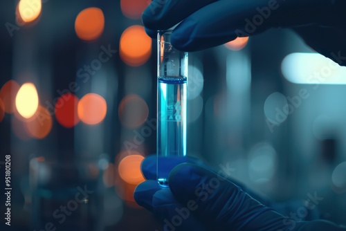 A close-up of a hand holding a test tube with a blue liquid, illustrating laboratory experimentation and scientific research.