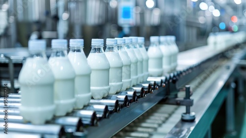 Milk bottles on a conveyor belt in a brightly lit dairy production line.