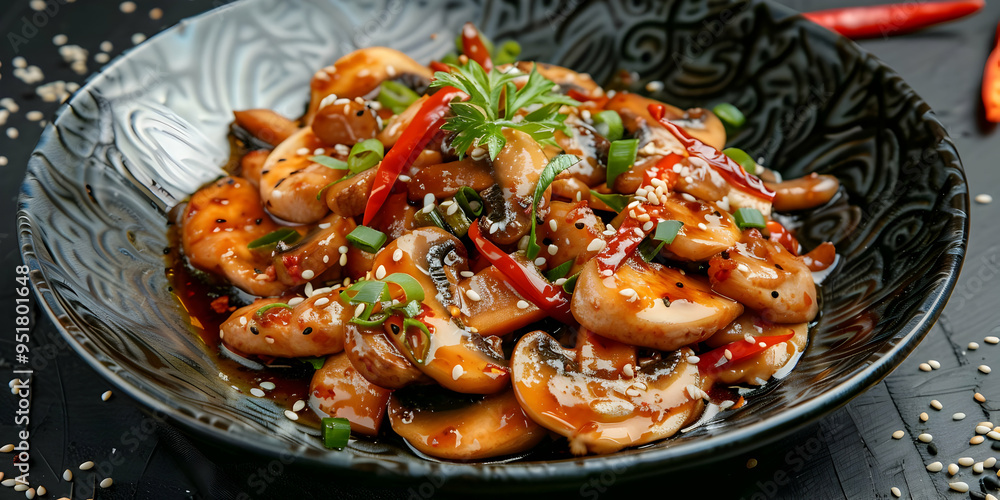 Delicious Stir-Fried Mushrooms with Sesame Seeds and Red Peppers - Food Photography Delicious Stir-Fried Mushrooms with Sesame Seeds and Red Peppers - Food Photography