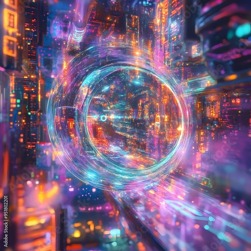 Shimmering Quantum Particles in a Mesmerizing Retrofuturistic Metropolis