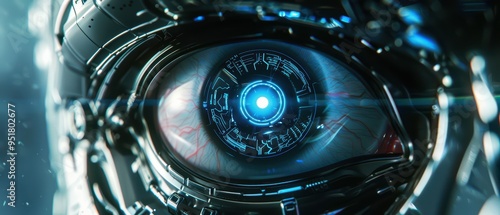 A close-up view of a futuristic robotic eye with intricate details and glowing blue light, portraying advanced technology and design.