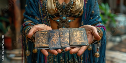 Fortune teller woman holding magic cards in her hands photo