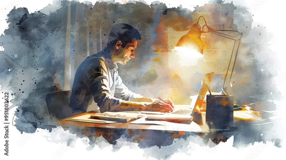 A creative individual focusing on his work at a desk, illuminated by a warm lamp, surrounded by art supplies and inspiration. A creative individual focusing on his work at a desk, illuminated by a warm lamp, surrounded by art supplies and inspiration.