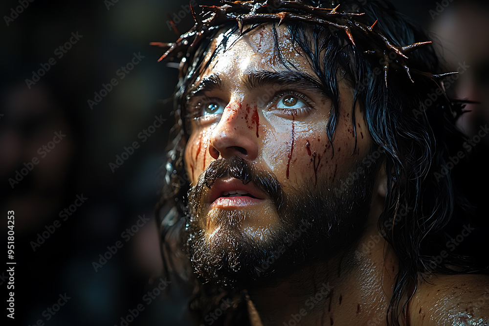 Jesus Christ illuminated by a single beam of light from above. A crown of thorns rests on His head, casting soft shadows on His serene face. The scene is somber and reverent Jesus Christ illuminated by a single beam of light from above. A crown of thorns rests on His head, casting soft shadows on His serene face. The scene is somber and reverent
