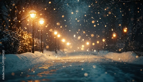 Snowfall at night with streetlights casting a warm glow on the snow-covered ground, creating a magical winter scene, Serene, Warm Glow, Atmospheric