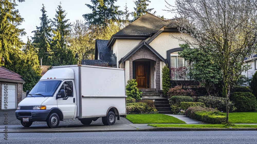 Obraz premium A well-organized moving van sits in front of a home, with movers preparing for a smooth and efficient relocation process.