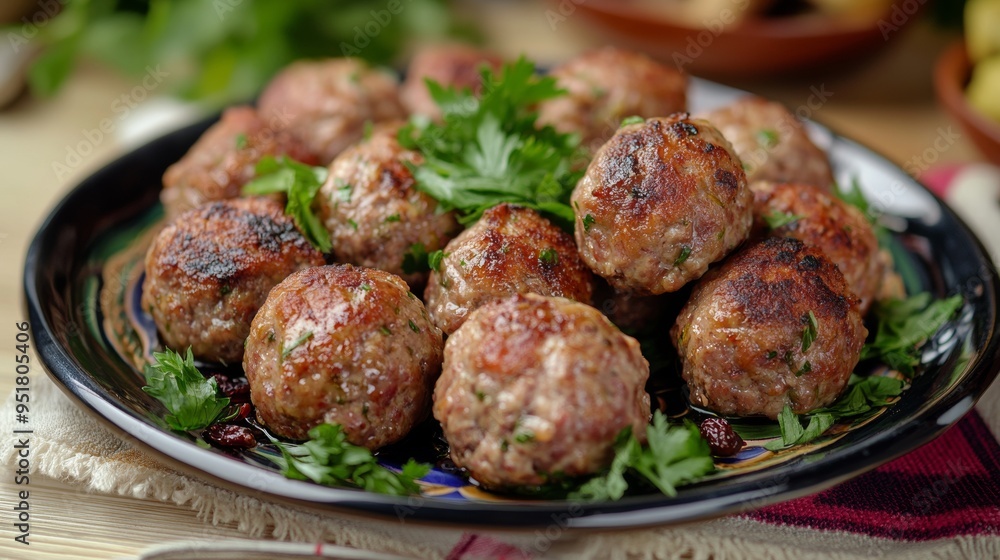 Bulgarian national cuisine: Meat balls with nuts and raisins. Bulgarian national cuisine: Meat balls with nuts and raisins.