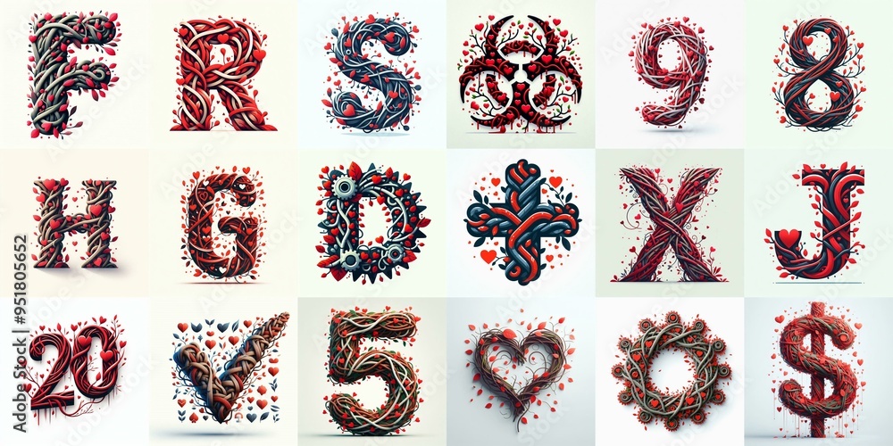 Naklejka premium Twisted Branches and Red Hearts Lettering Typeface. AI generated illustration