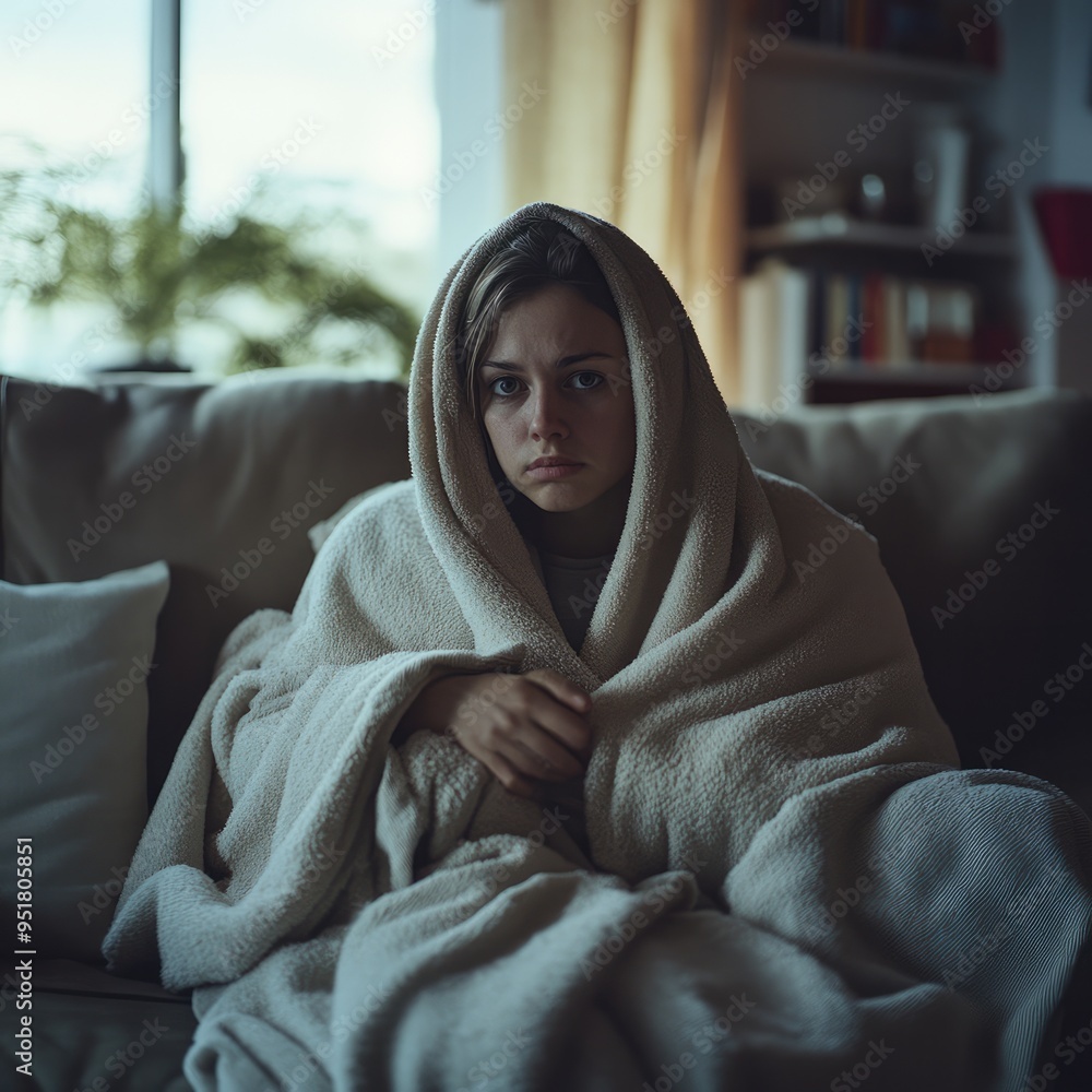 Unwell Woman Wrapped in Blanket Sitting in Cold Living Room Unwell Woman Wrapped in Blanket Sitting in Cold Living Room