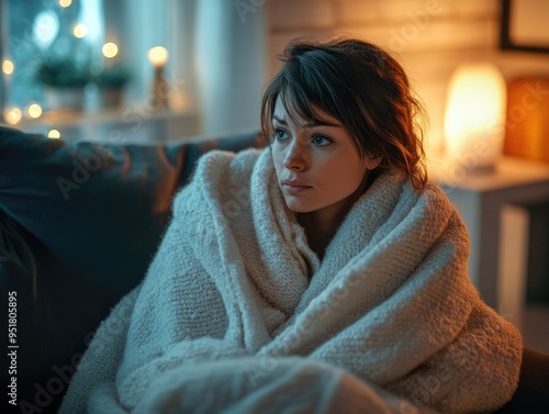 Unwell Woman Wrapped in Blanket Sitting in Cold Living Room