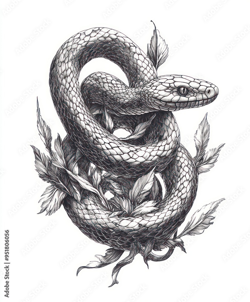 A detailed illustration of a snake entwined with leaves, showcasing intricate line work. A detailed illustration of a snake entwined with leaves, showcasing intricate line work.