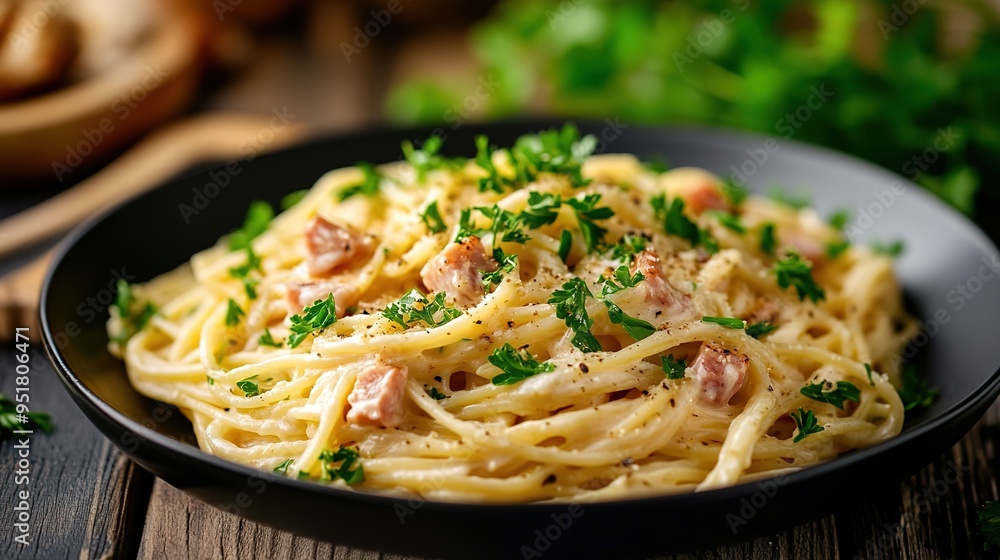 Creamy Carbonara Pasta Dish Garnished with Fresh Parsley. A Rich and Savory Italian Classic Featuring Smooth Sauce and Tender Pasta, Creamy Carbonara Pasta Dish Garnished with Fresh Parsley. A Rich and Savory Italian Classic Featuring Smooth Sauce and Tender Pasta,