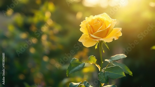 Obraz na płótnie A yellow rose blooms amidst lush greenery, symbolizing friendship and joy, bathed in warm sunlight. w salonie