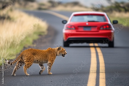 A leopard crossing the road with red driving car on a background photo