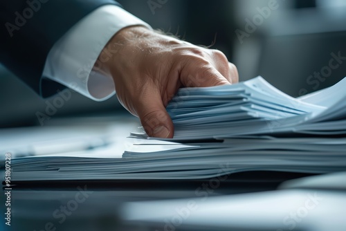 A professional hand managing a stack of documents, symbolizing organization and productivity in a corporate environment.