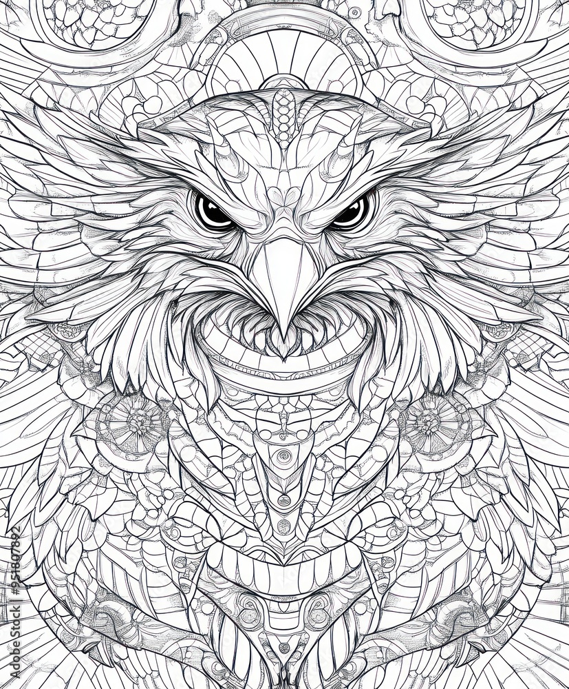 A detailed line art illustration of an eagle's face, showcasing intricate patterns and designs. A detailed line art illustration of an eagle's face, showcasing intricate patterns and designs.