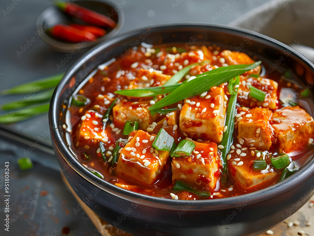 Spicy Tofu with Sesame Seeds and Green Onions - Food Photography Spicy Tofu with Sesame Seeds and Green Onions - Food Photography