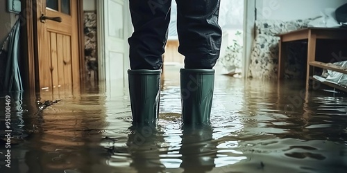 A man in rubber boots stands in a flooded house. Generative AI