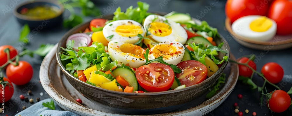 Delicious Salad with Eggs, Cucumber, and Tomatoes - Food Photography Delicious Salad with Eggs, Cucumber, and Tomatoes - Food Photography