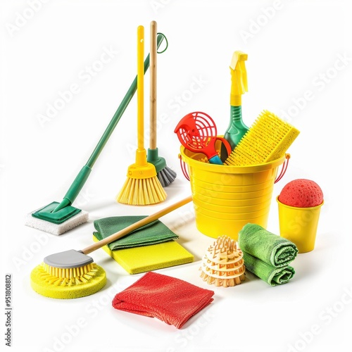 Medium shot of a Cleaning supplies and equipment, cleaning tools such as brooms, sponges, duster brushes, a blue bucket with water and a rag, isolated on a white background,  