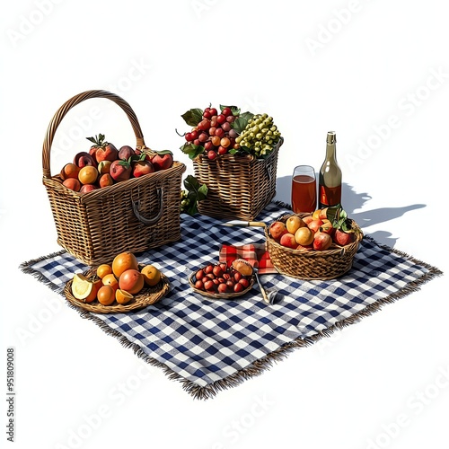 A delightful picnic scene featuring baskets of fresh fruit, a checkered blanket, and refreshing drinks perfect for gatherings.