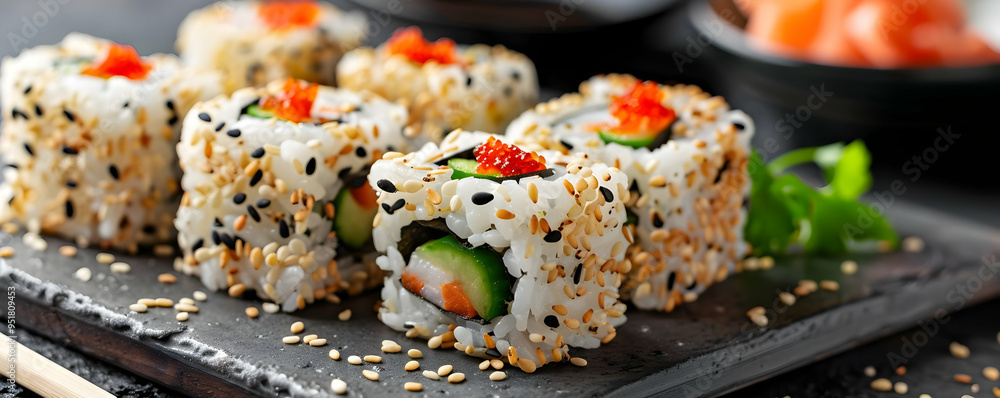 Closeup of Delicious Sushi Rolls with Sesame Seeds and Tobiko - Realistic Food Photography Closeup of Delicious Sushi Rolls with Sesame Seeds and Tobiko - Realistic Food Photography