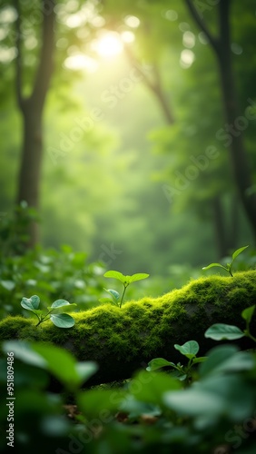 Sunlight illuminates a moss-covered log with sprouting plants in a lush forest