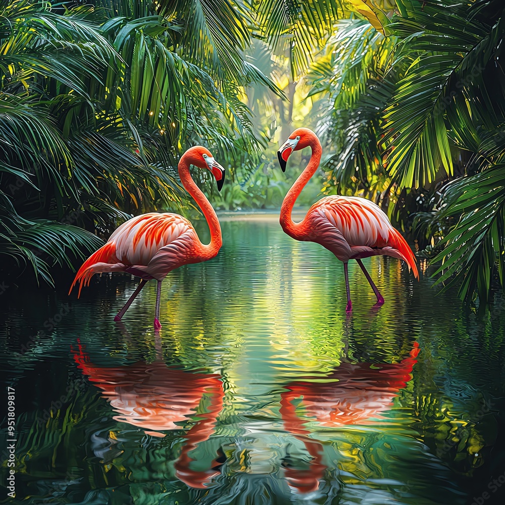 Fototapeta premium Two vibrant flamingos reflect in serene waters surrounded by lush tropical foliage, creating a tranquil and exotic scene.