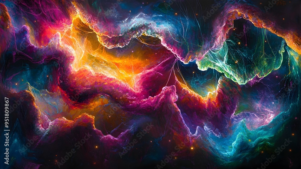 Fototapeta premium Cosmic String Theory Glowing Neon Hued Quantum Entangled Cords Pulsating with Interdimensional