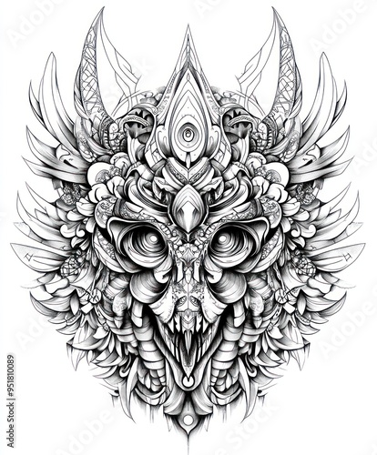 Intricate black and white illustration of a mythical creature with elaborate details.