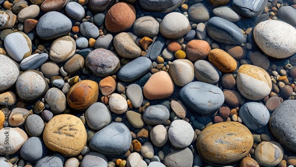 A close-up shot of smooth, colorful river rocks submerged in clear, shallow water. A close-up shot of smooth, colorful river rocks submerged in clear, shallow water.