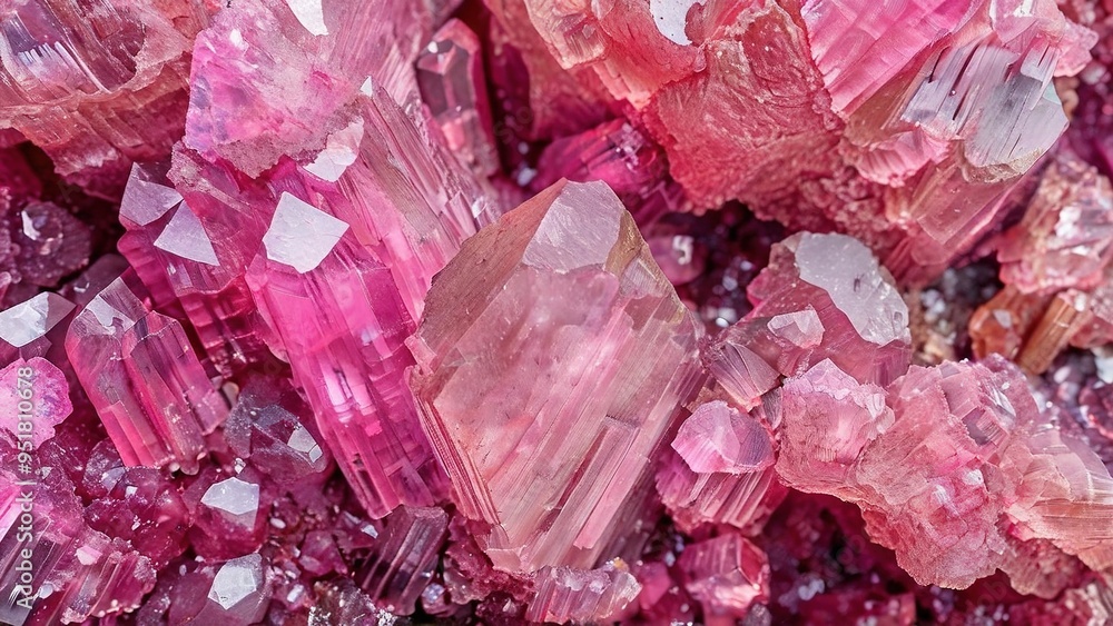 A close-up view of a cluster of pink crystals. The crystals are sharp and pointed, and they are arranged in a random pattern. The light reflects off the crystals, creating a shimmering effect.