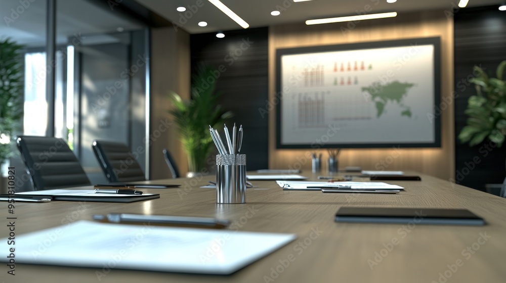 Modern Conference Room with Pens and Paper on a Table Modern Conference Room with Pens and Paper on a Table