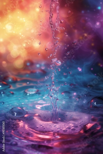 Water flows upward in a magical display, floating against vibrant colors and soft lighting. This surreal scene challenges physics with its captivating charm. 💧✨🌟