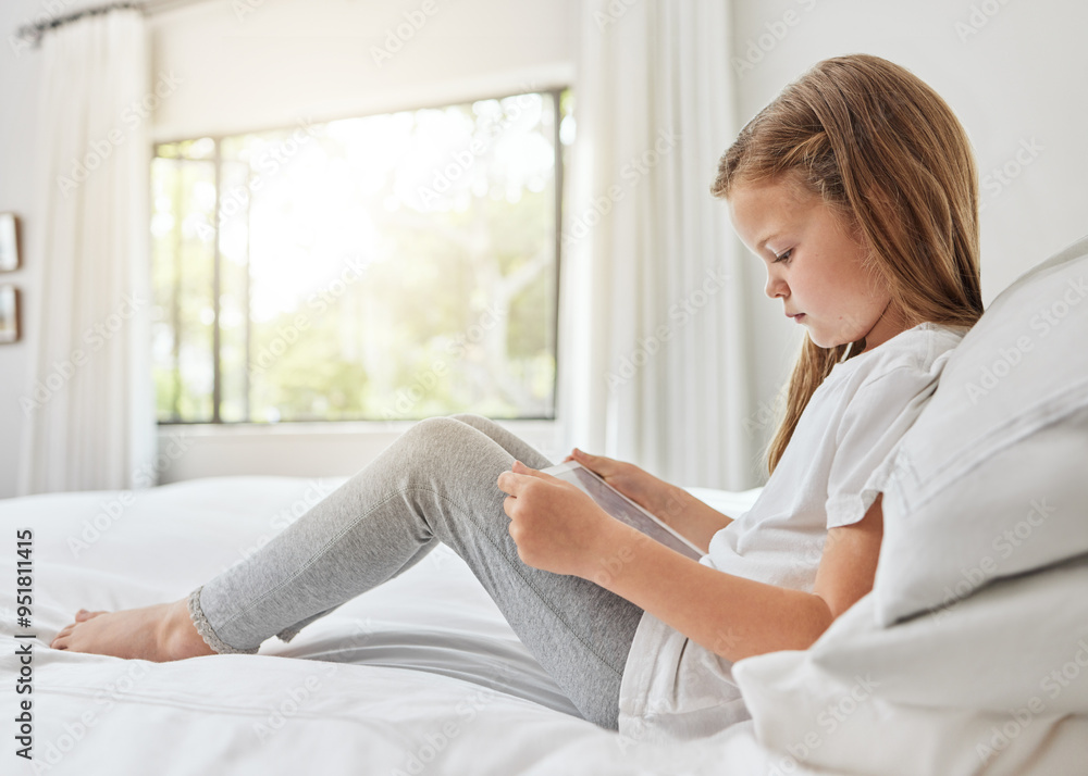 Little girl, reading and relax with tablet on bed for ebook, entertainment or online browsing at home. Young child, female person or kid with technology in bedroom for research, app or social media Little girl, reading and relax with tablet on bed for ebook, entertainment or online browsing at home. Young child, female person or kid with technology in bedroom for research, app or social media