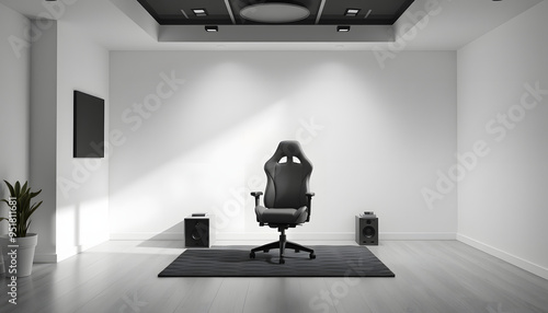 3D rendering of the interior of a room with a gaming chair isolated with white highlights, png photo