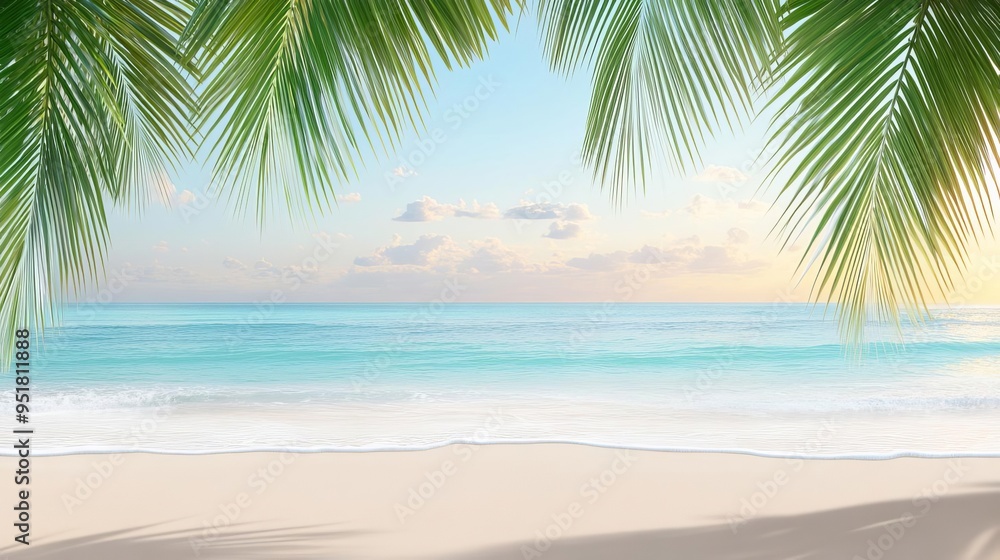 Obraz premium Tropical beach paradise at sunset, golden light reflecting on turquoise waters, palm trees swaying in the breeze, a serene escape to tranquility