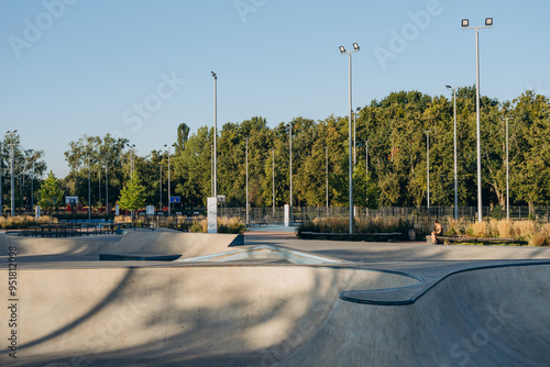 Modern skatepark in urban area in summer, outdoor 