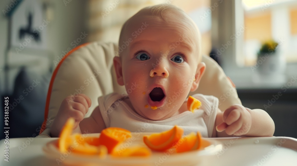 A baby with wide eyes and open mouth sits in a high chair, eagerly enjoying slices of bright orange fruit. A baby with wide eyes and open mouth sits in a high chair, eagerly enjoying slices of bright orange fruit.