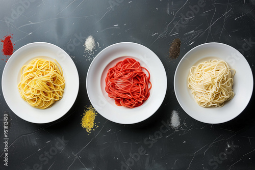 Three white bowls with pasta of different colors on a black background. One bowl contains red spaghetti, the second has yellow pasta, and the third has cream-colored noodles photo