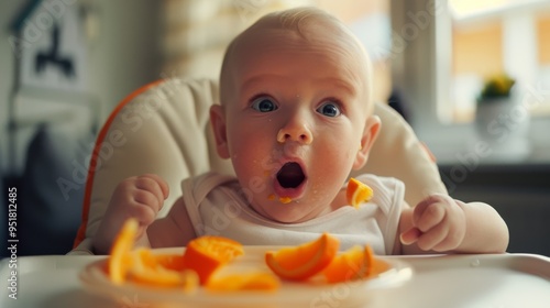 A baby with wide eyes and open mouth sits in a high chair, eagerly enjoying slices of bright orange fruit.