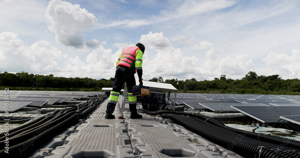 Naklejka premium An African-American engineer carefully examines a cutting-edge floating solar panel system designed to harness renewable energy for an industrial complex.