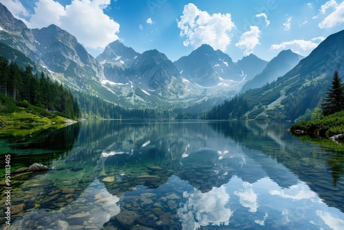 Wallpaper Mural Breathtaking mountain landscape reflecting in tranquil lake under a blue sky adorned with fluffy clouds and surrounding lush greenery. Torontodigital.ca